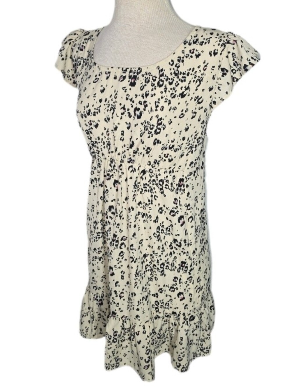 Umgee Dress Cream Leopard-Print Flutter-Cap  Sleeve Dress Cream Size L